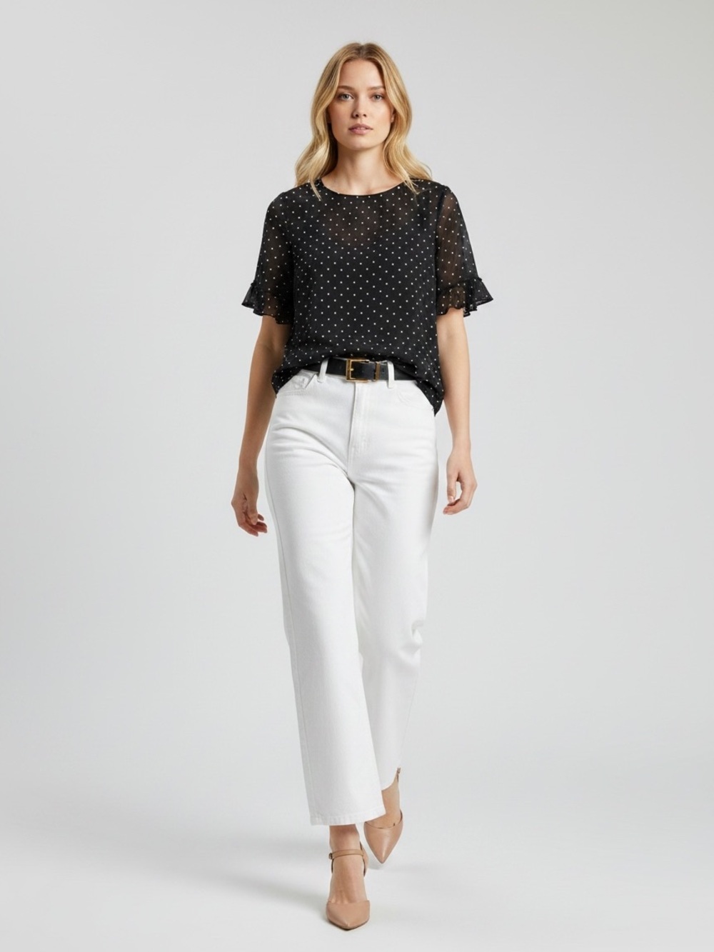 Ricki’s Black White Polka Dots Blouse Short Ruffle Sleeves Sheer Flowy Small